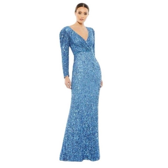 NWT Mac Duggal Blue Puff Shoulder Sequined Surplice Gown French Blue Sz 4 - Picture 1 of 16
